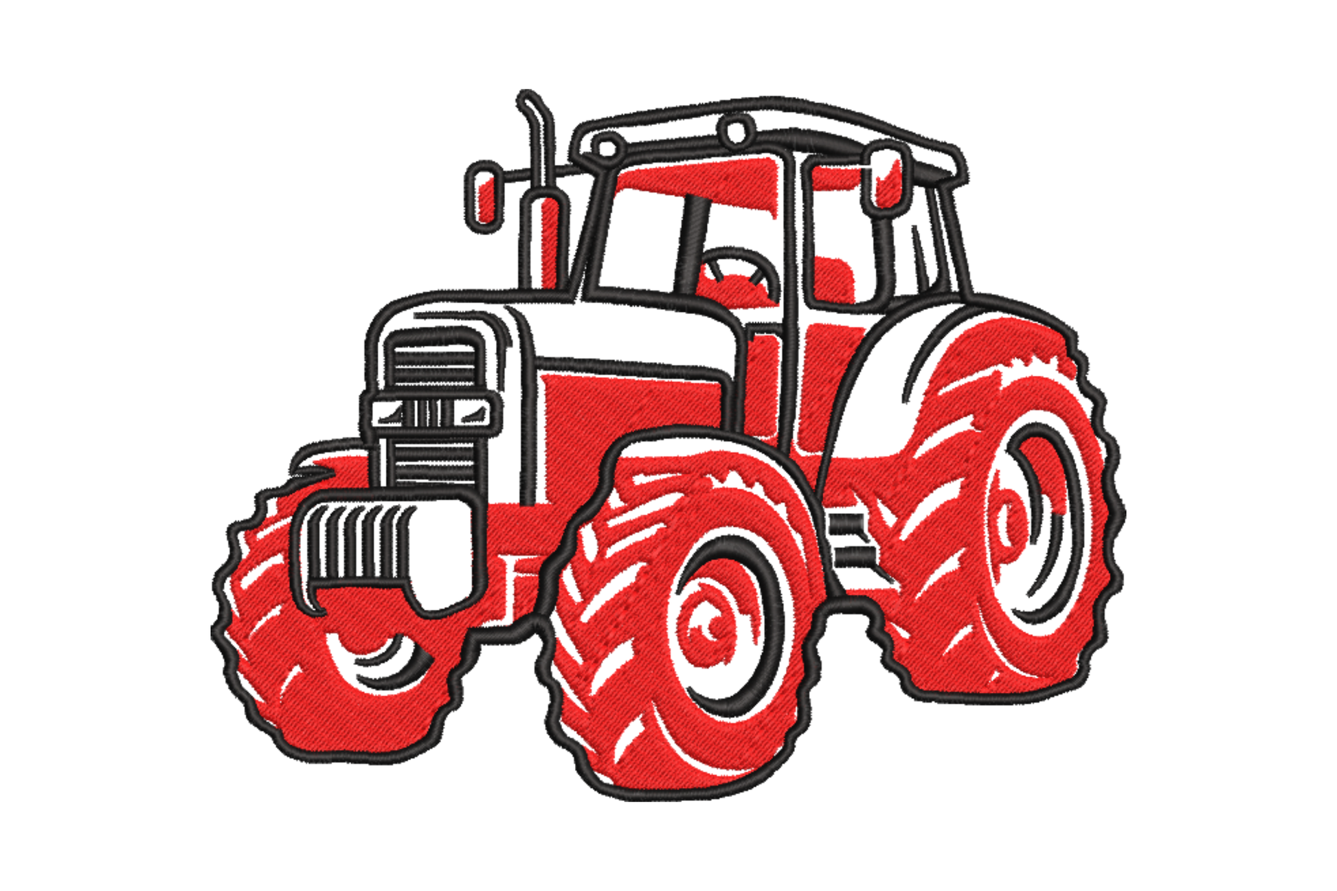 Machine embroidery design of a red agricultural tractor with cab, ribbed grille, and chunky treaded tyres, two-colour red and black fill, 5 sizes