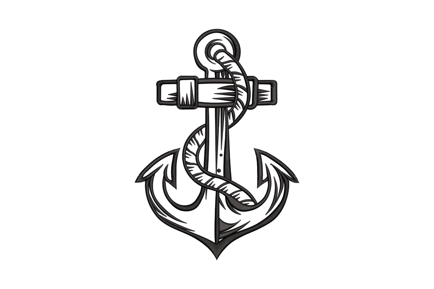 Classic anchor with rope loop embroidery design in black thread, traditional maritime symbol with satin fill shaft and rope coil at crossbar