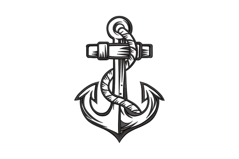 Classic anchor with rope loop embroidery design in black thread, traditional maritime symbol with satin fill shaft and rope coil at crossbar