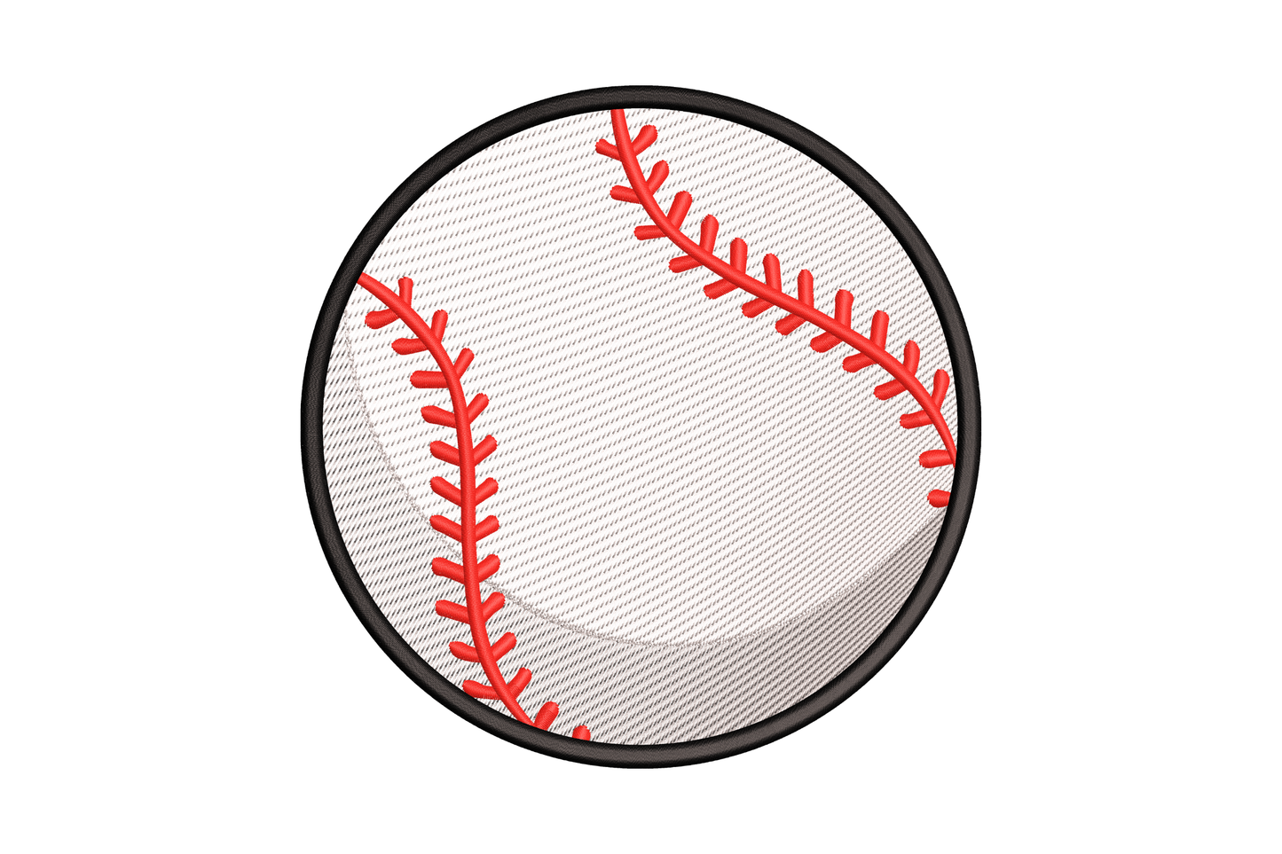 Classic baseball circle embroidery design with black satin ring, grey fill body, and red seam stitching