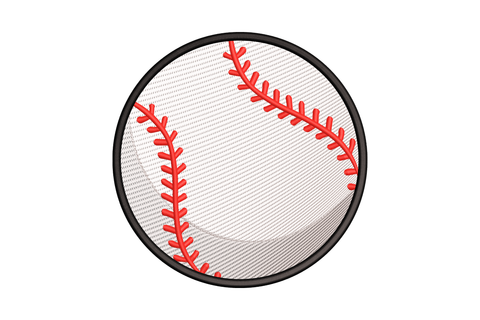 Classic baseball circle embroidery design with black satin ring, grey fill body, and red seam stitching