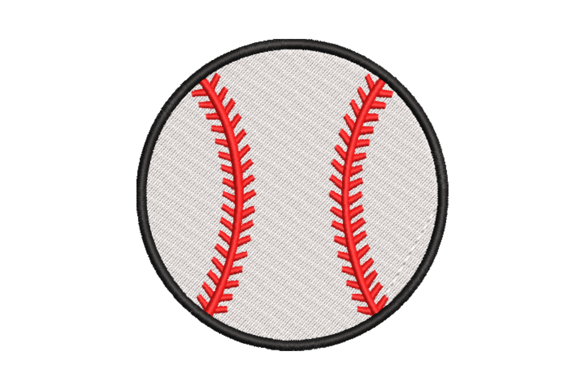 Classic baseball embroidery design with black outer ring, white fill and curved red stitching lines