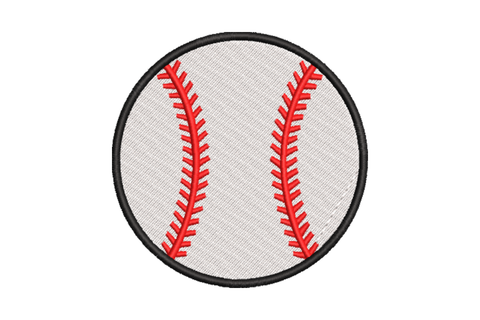 Classic baseball embroidery design with black outer ring, white fill and curved red stitching lines