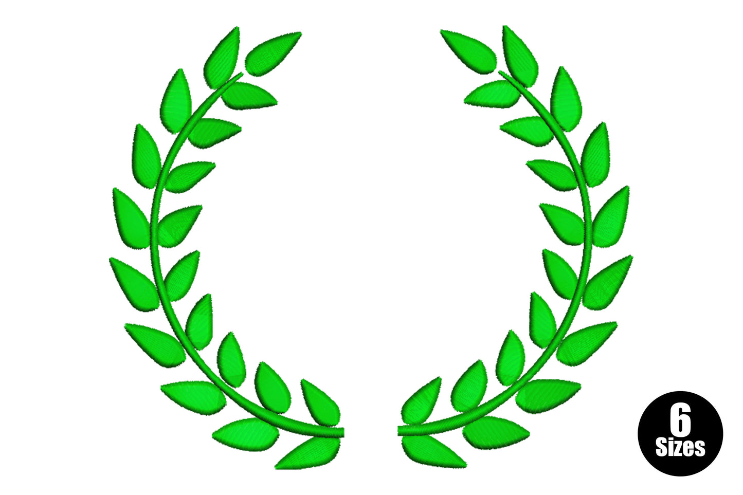 Classic botanical leaf frame embroidery design, open horseshoe-shaped frame of dark green filled leaves, two branch halves meeting at the base with the top open.