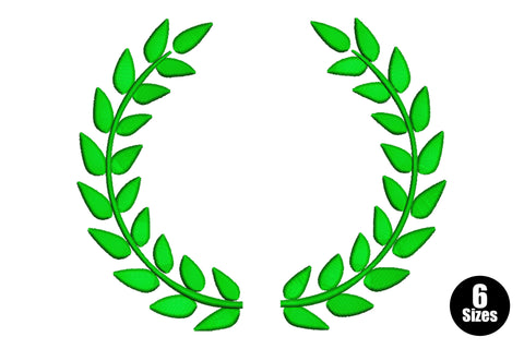 Classic botanical leaf frame embroidery design, open horseshoe-shaped frame of dark green filled leaves, two branch halves meeting at the base with the top open.