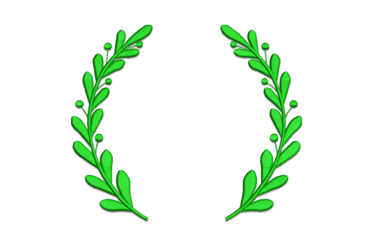 Classic botanical leaf frame embroidery with two mirrored dark green olive branches curving into an open wreath with round berry tip accents.
