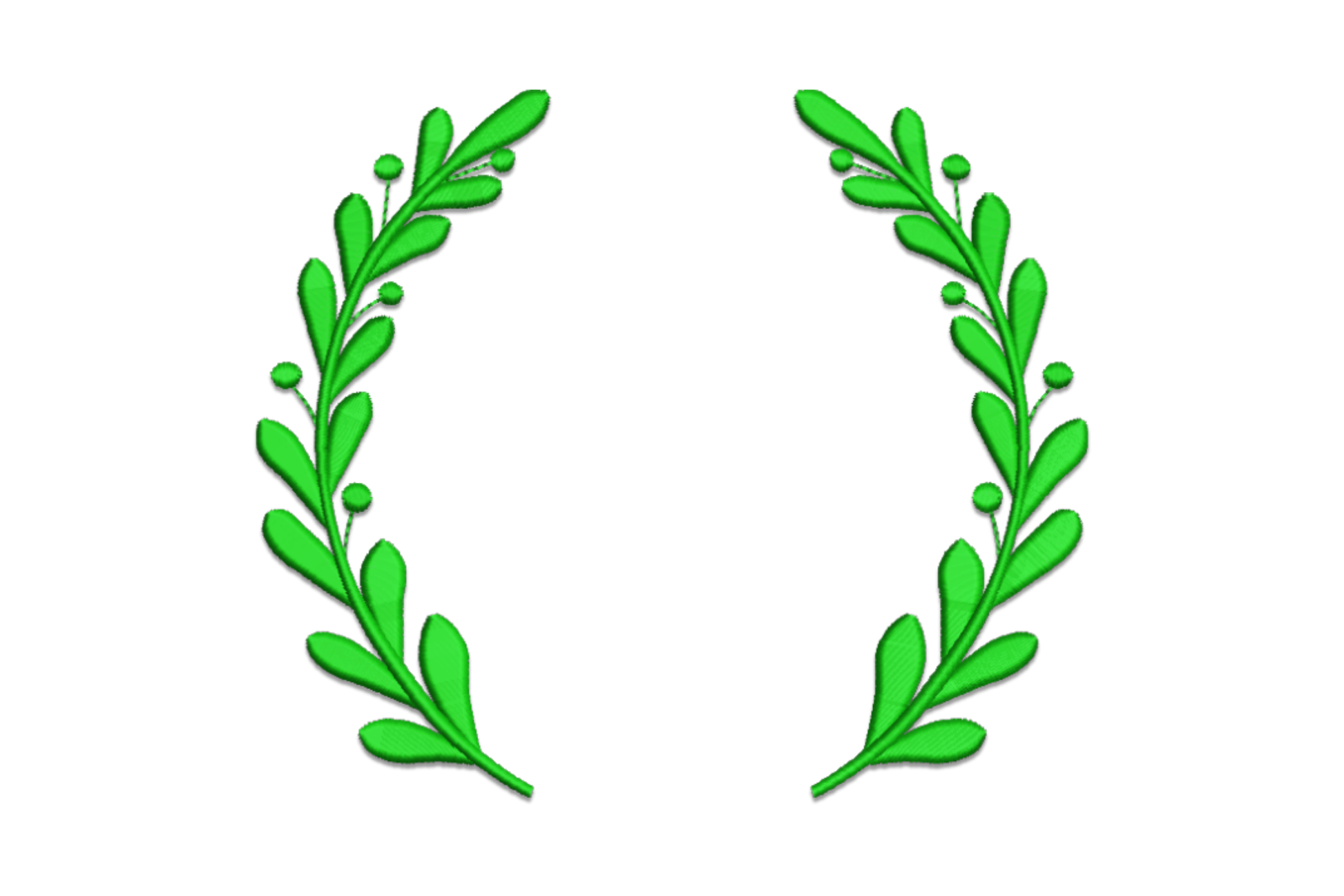 Classic botanical leaf frame embroidery with two mirrored dark green olive branches curving into an open wreath with round berry tip accents.
