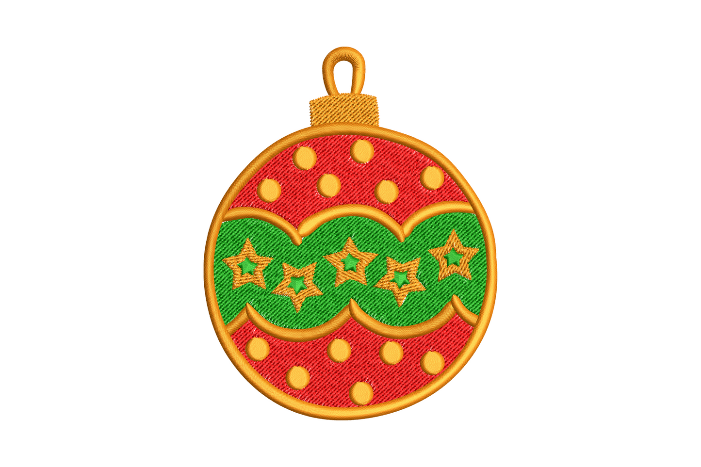 Classic christmas bauble ornament embroidery design round orange ball with red panels green wave band and star details 4 sizes