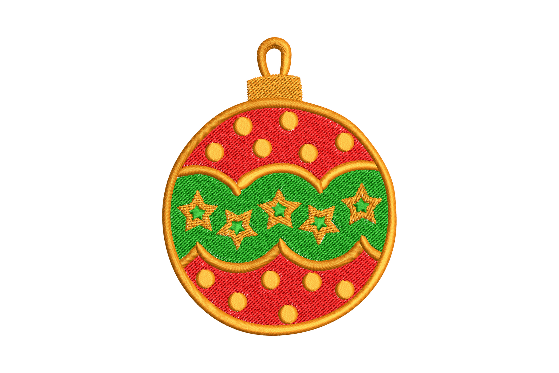 Classic christmas bauble ornament embroidery design round orange ball with red panels green wave band and star details 4 sizes