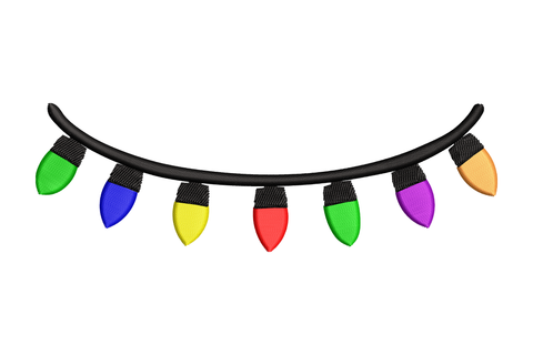 Classic Christmas light garland embroidery, 7 bulbs in green blue yellow red purple orange on curved black cord