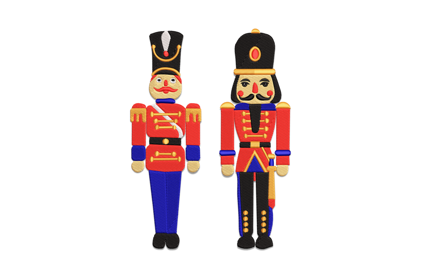 Classic Christmas nutcracker soldiers embroidery with paired figures in red tunics, black bearskin hats and gold button details.