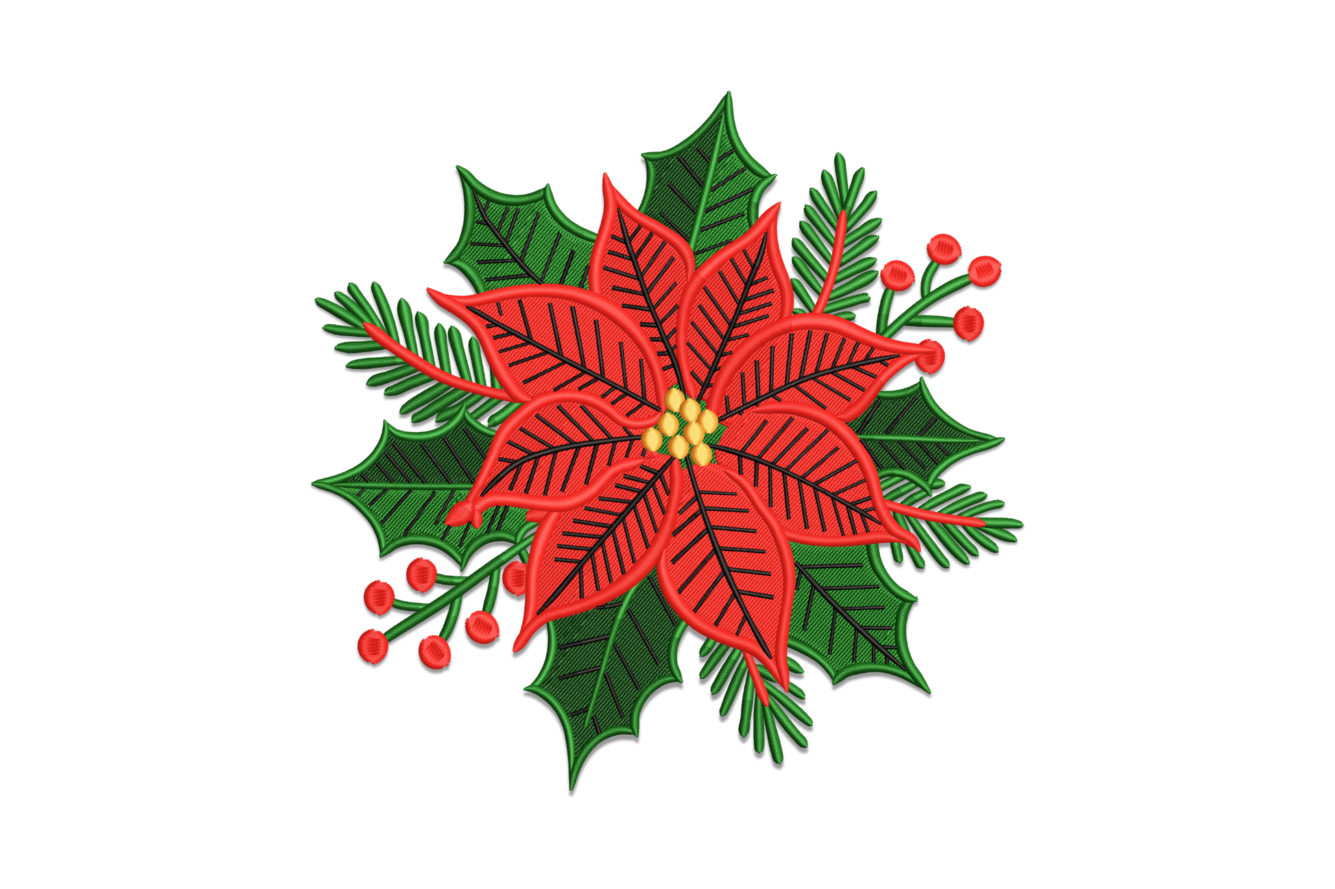 Machine embroidery design of a full poinsettia with veined red petals, pine needle sprigs and berry clusters, 5 colors red green black orange