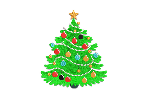 Classic Christmas tree embroidery with layered green branches, red and gold baubles, gold star topper and snow-tipped branch ends in 8 colours