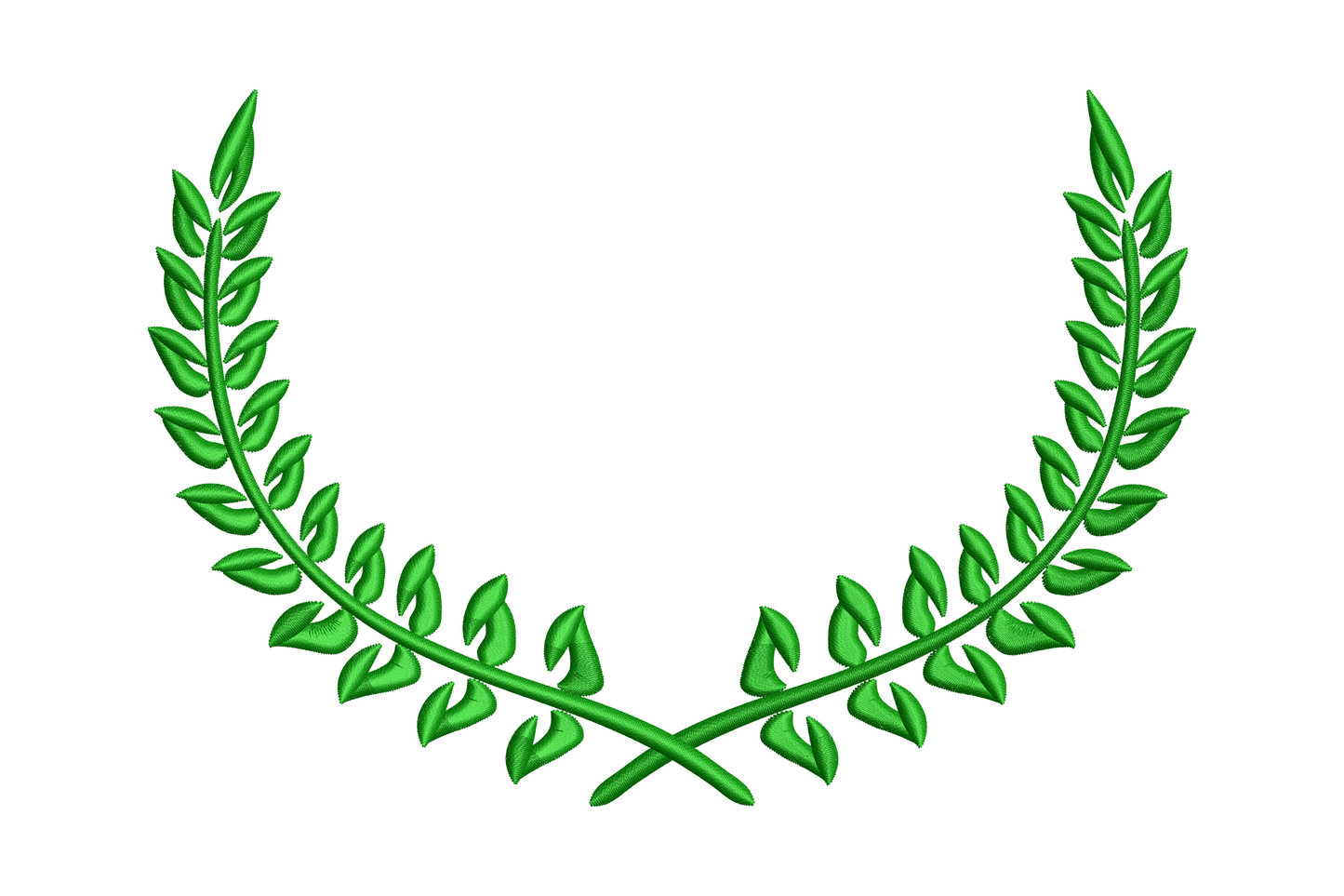 Classic green laurel wreath embroidery design, dark green feathery fern frond branches in wide open U-shape