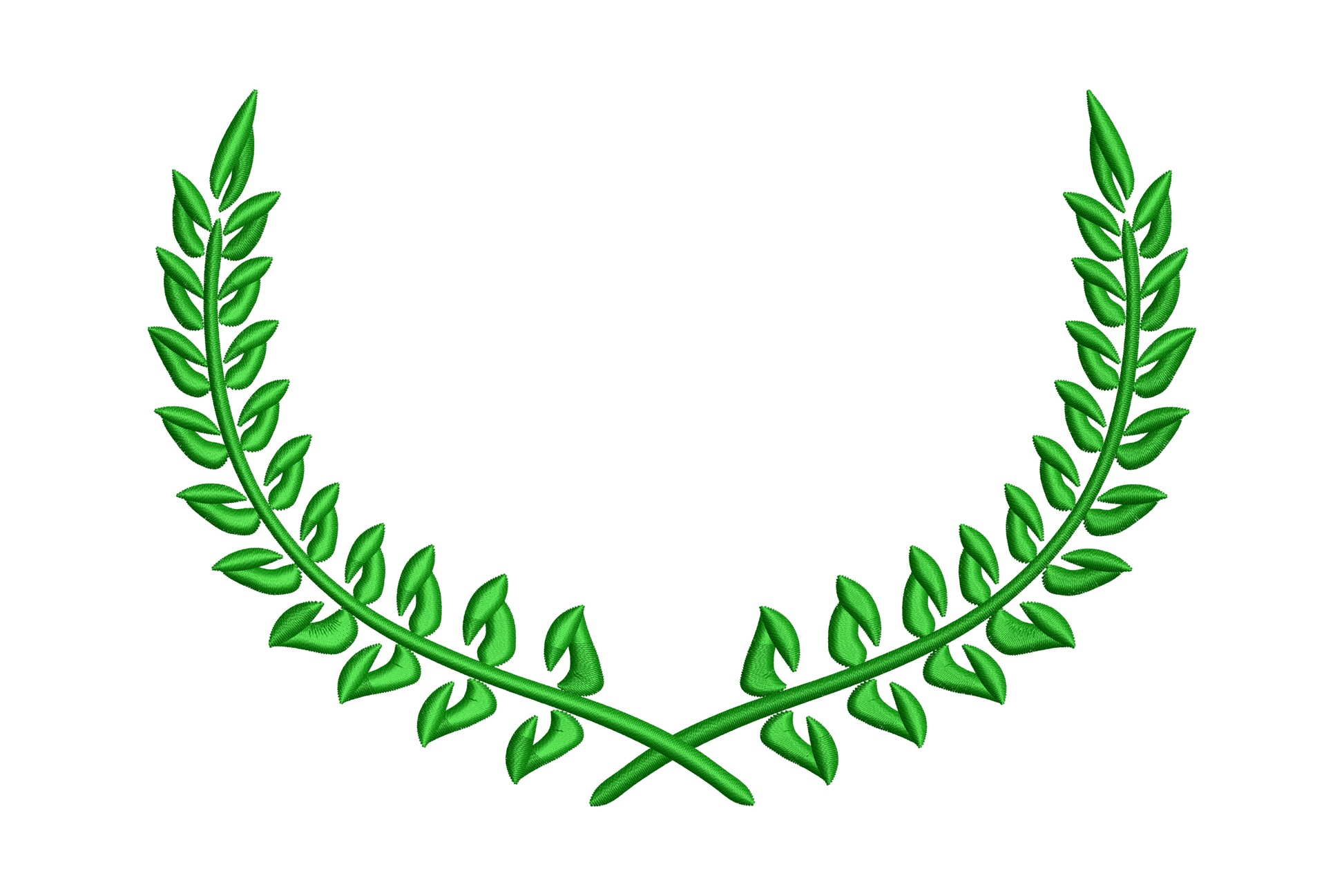 Classic green laurel wreath embroidery design, dark green feathery fern frond branches in wide open U-shape