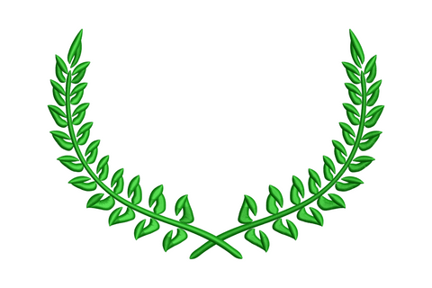 Classic green laurel wreath embroidery design, dark green feathery fern frond branches in wide open U-shape