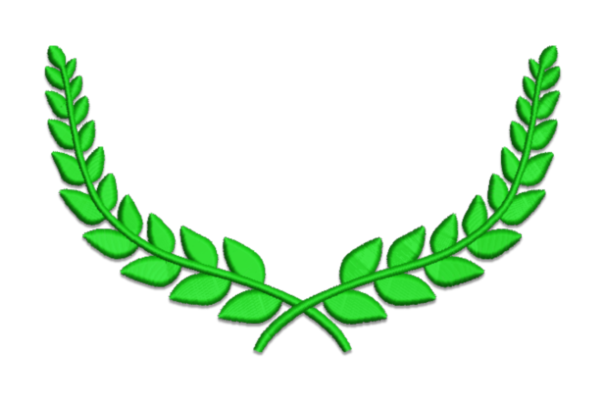 Classic green laurel half wreath, short curved leaf branches crossing at bottom and arching up like crest under-banner.