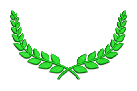 Classic green laurel half wreath, short curved leaf branches crossing at bottom and arching up like crest under-banner.