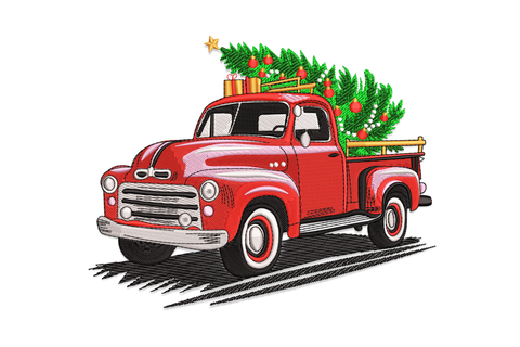 Classic red pickup truck embroidery design in a vintage 1950s style, loaded flatbed carrying a star-topped decorated pine tree and gift boxes, detailed shading throughout.