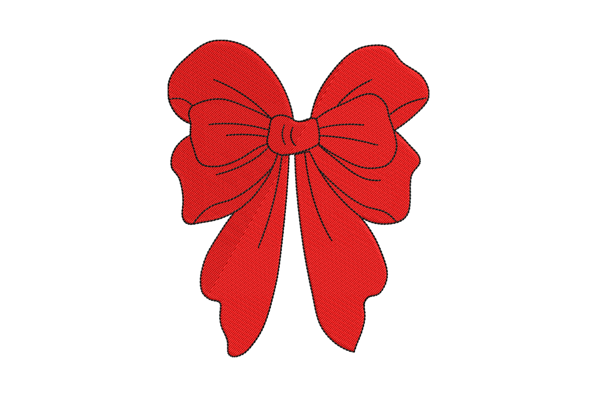 Hand-drawn sketchy red holiday ribbon bow machine embroidery design, black outline detail, 2 colors, 5 sizes 2 to 6 inch