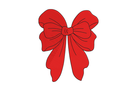 Hand-drawn sketchy red holiday ribbon bow machine embroidery design, black outline detail, 2 colors, 5 sizes 2 to 6 inch