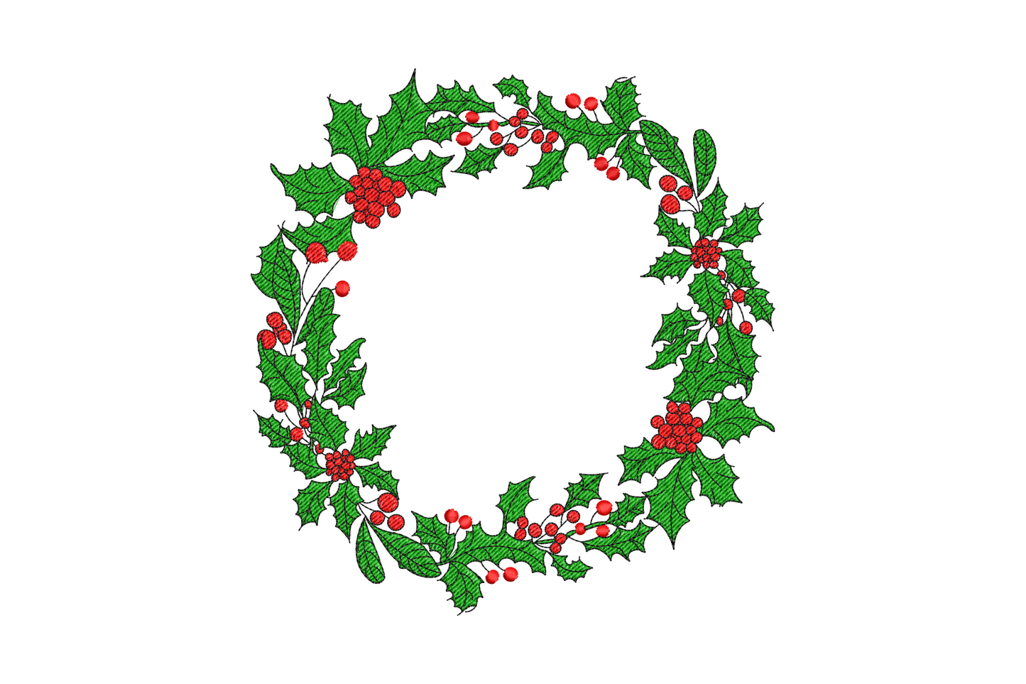 Classic round holly berry christmas wreath embroidery with satin-fill leaves and red berry clusters, traditional botanical style