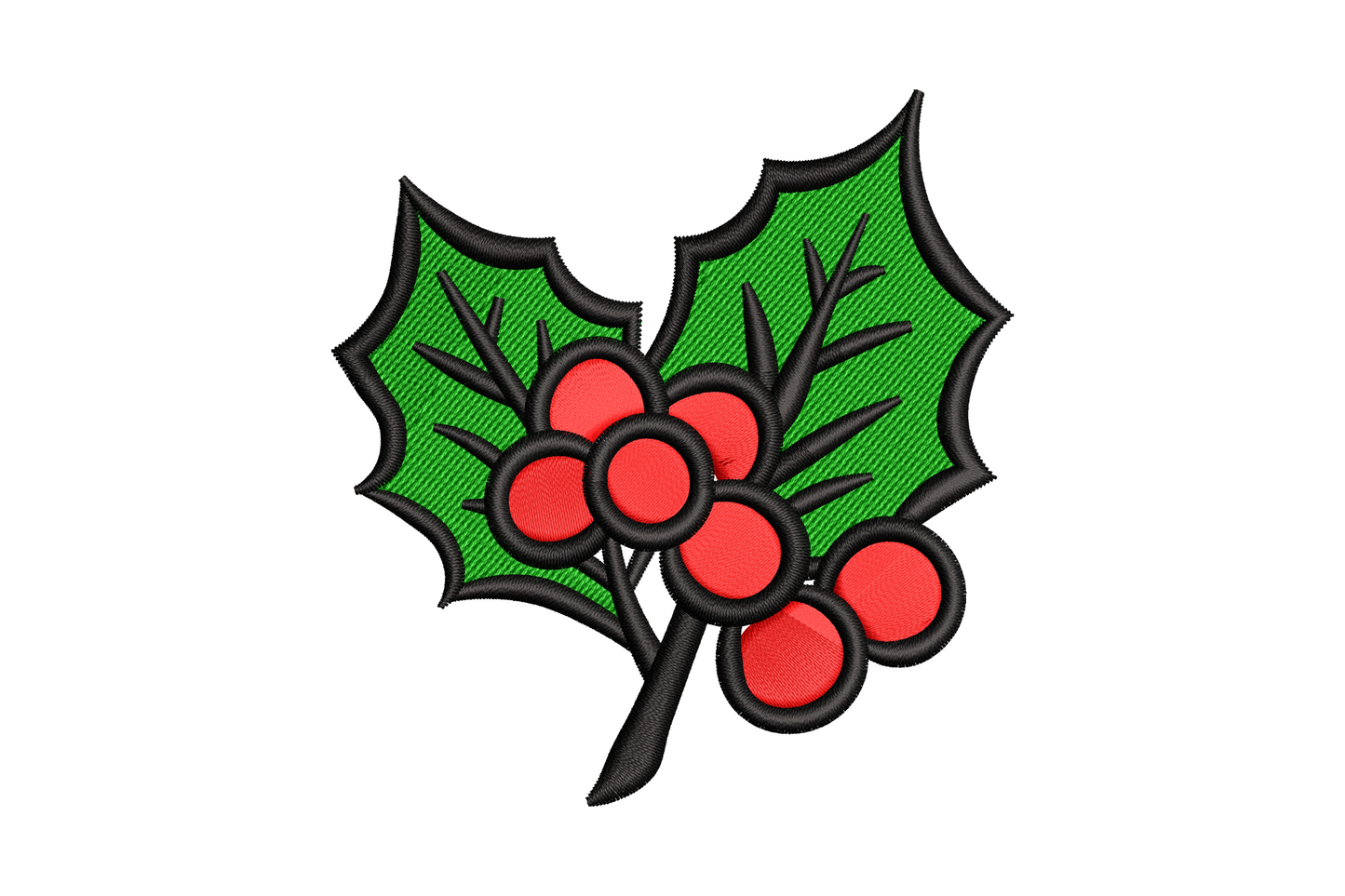Classic holly leaves embroidery with two spiky green leaves and six fat red berries in center cluster, black outline