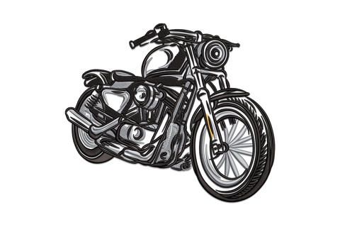 Classic cruiser motorcycle embroidery design in profile view, detailed engine block and spoke wheels in grey and black thread