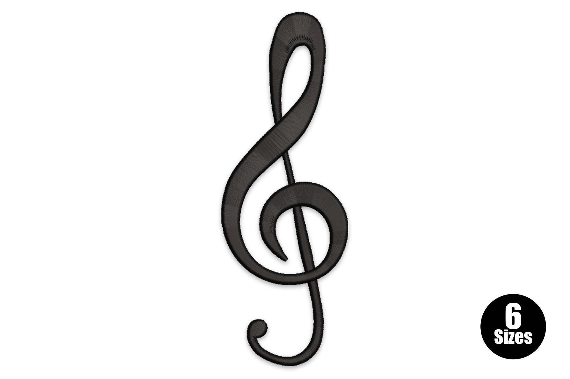 Classic treble clef embroidery design in solid black satin fill, smooth curves and staff line crossing, 6 sizes from 2 to 7 inches.