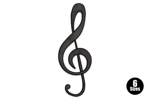 Classic treble clef embroidery design in solid black satin fill, smooth curves and staff line crossing, 6 sizes from 2 to 7 inches.