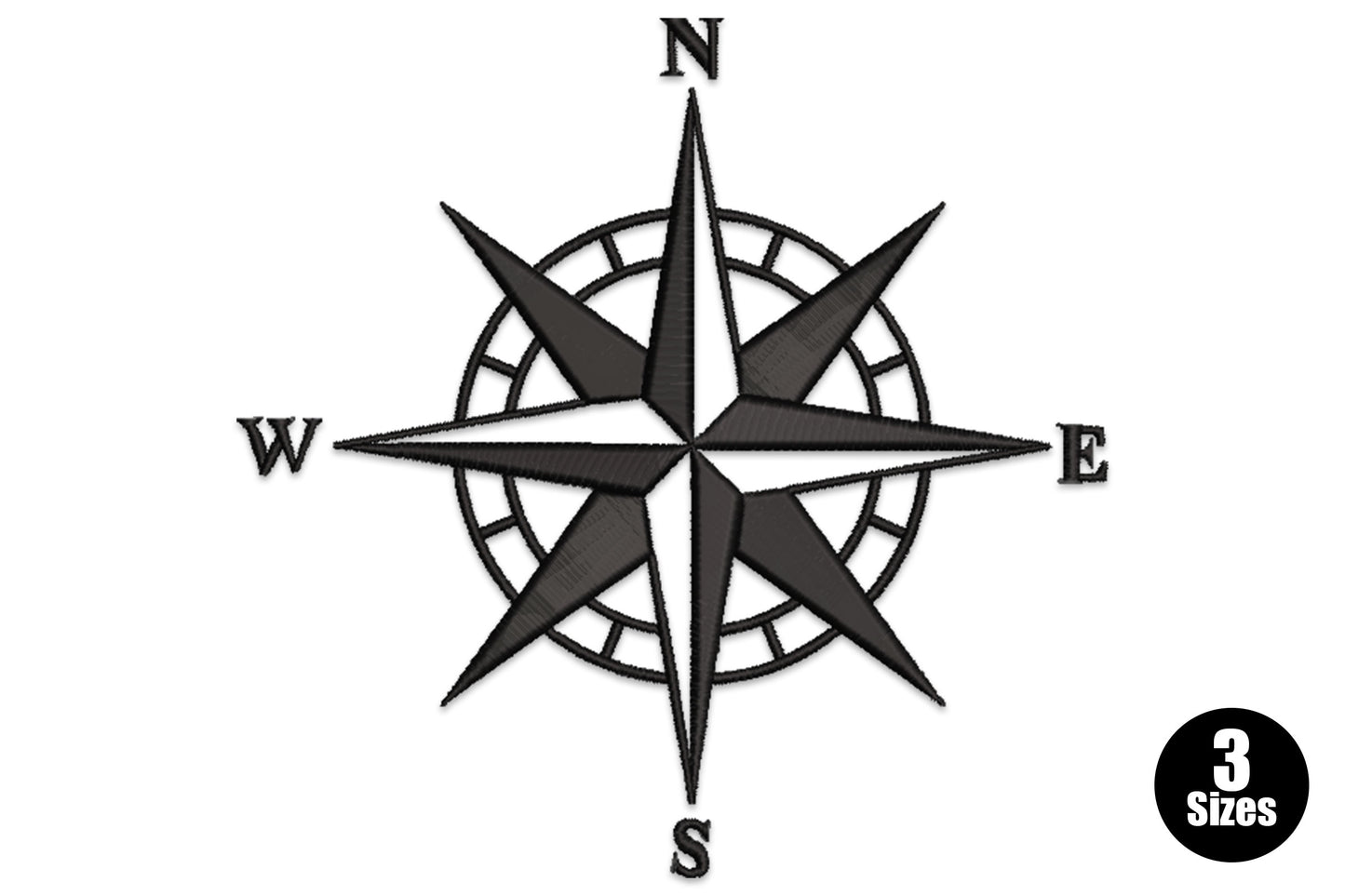 Nautical compass rose embroidery in black line art, eight star points with N, S, E, W cardinal letters and a scored centre ring.