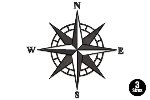 Nautical compass rose embroidery in black line art, eight star points with N, S, E, W cardinal letters and a scored centre ring.