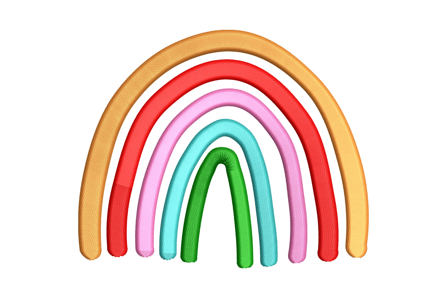 Classic 5-colour rainbow arch embroidery design with smooth satin fill bands in red orange yellow green blue, nursery style clean arc shape