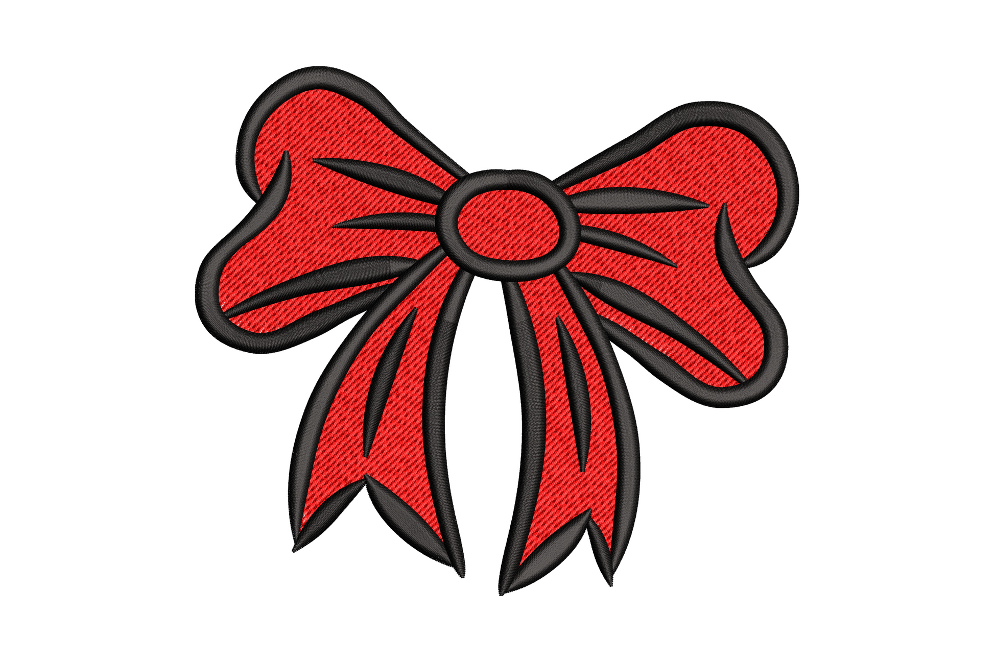 Classic red Christmas bow embroidery design, bold symmetrical bow with black outline and round centre knot, two ribbon tails