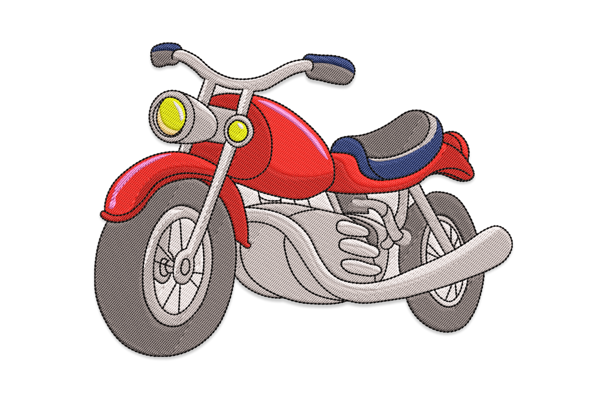 Classic red cruiser motorcycle embroidery design with yellow headlight, dark navy seat and 10-colour detailed cartoon-realistic illustration.