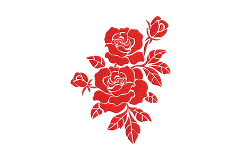 Classic red rose bouquet machine embroidery design, two full blooms with bud and leaves, dense satin stitch silhouette