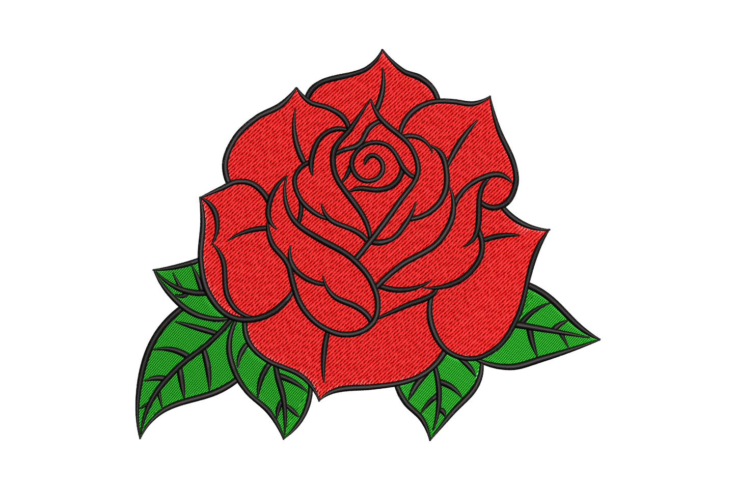 Classic red rose embroidery design, full-face bloom with layered petals and dark green leaves, bold black outlines, 3 colors
