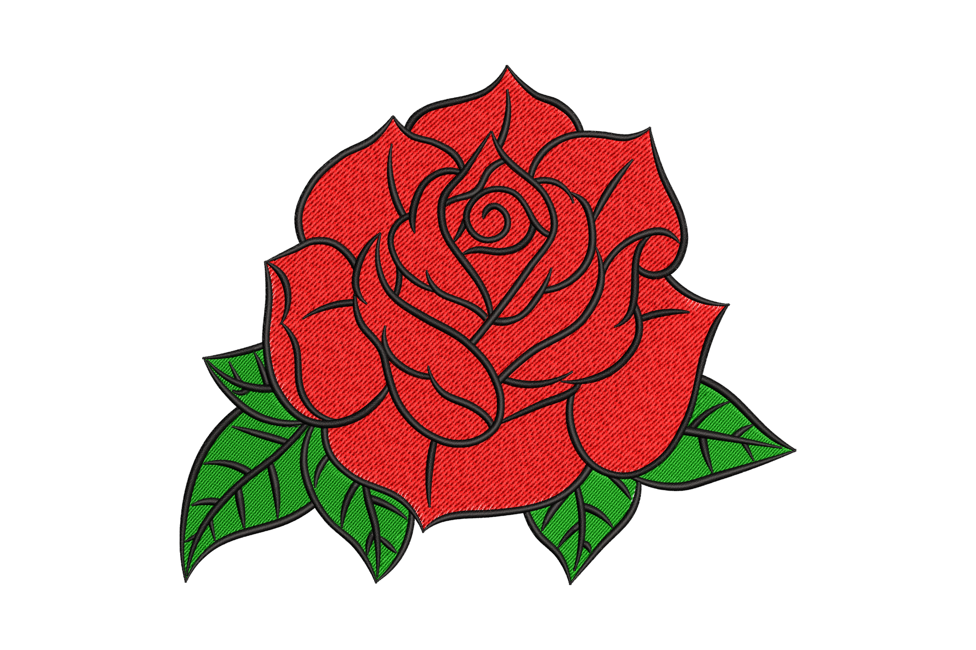 Classic red rose embroidery design, full-face bloom with layered petals and dark green leaves, bold black outlines, 3 colors