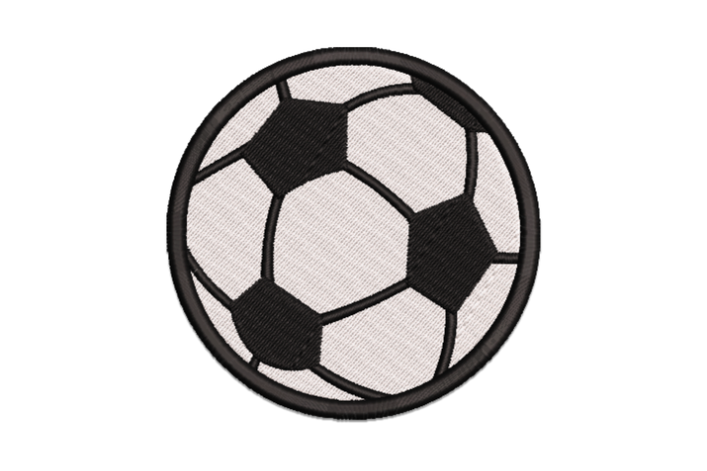 Classic black and white soccer ball machine embroidery design, filled pentagon panels, thick outer ring, two colour thread