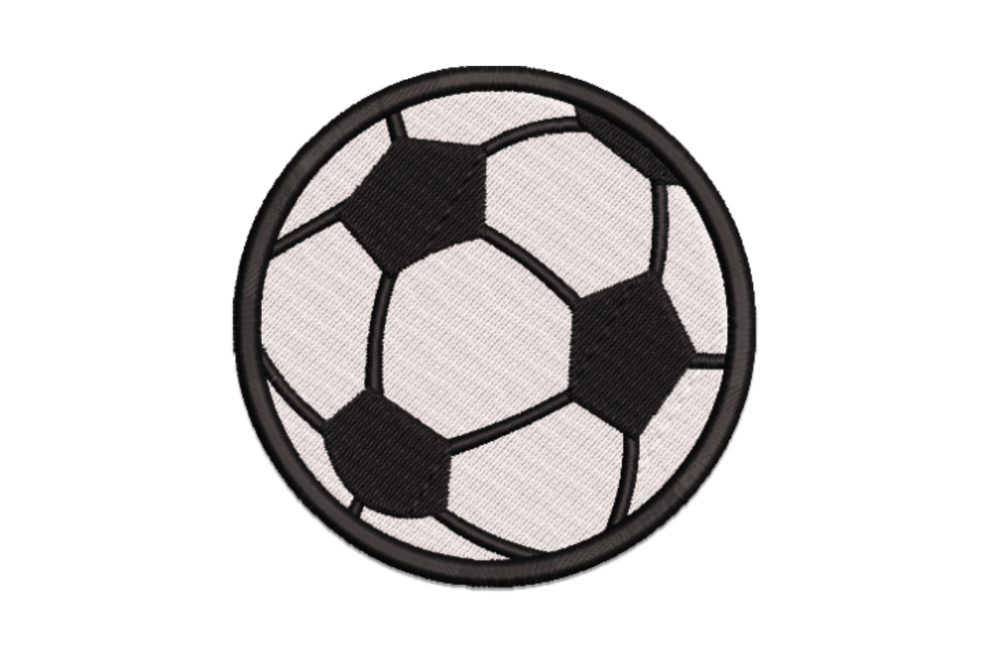 Classic black and white soccer ball machine embroidery design, filled pentagon panels, thick outer ring, two colour thread