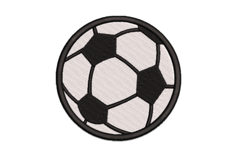 Classic black and white soccer ball machine embroidery design, filled pentagon panels, thick outer ring, two colour thread