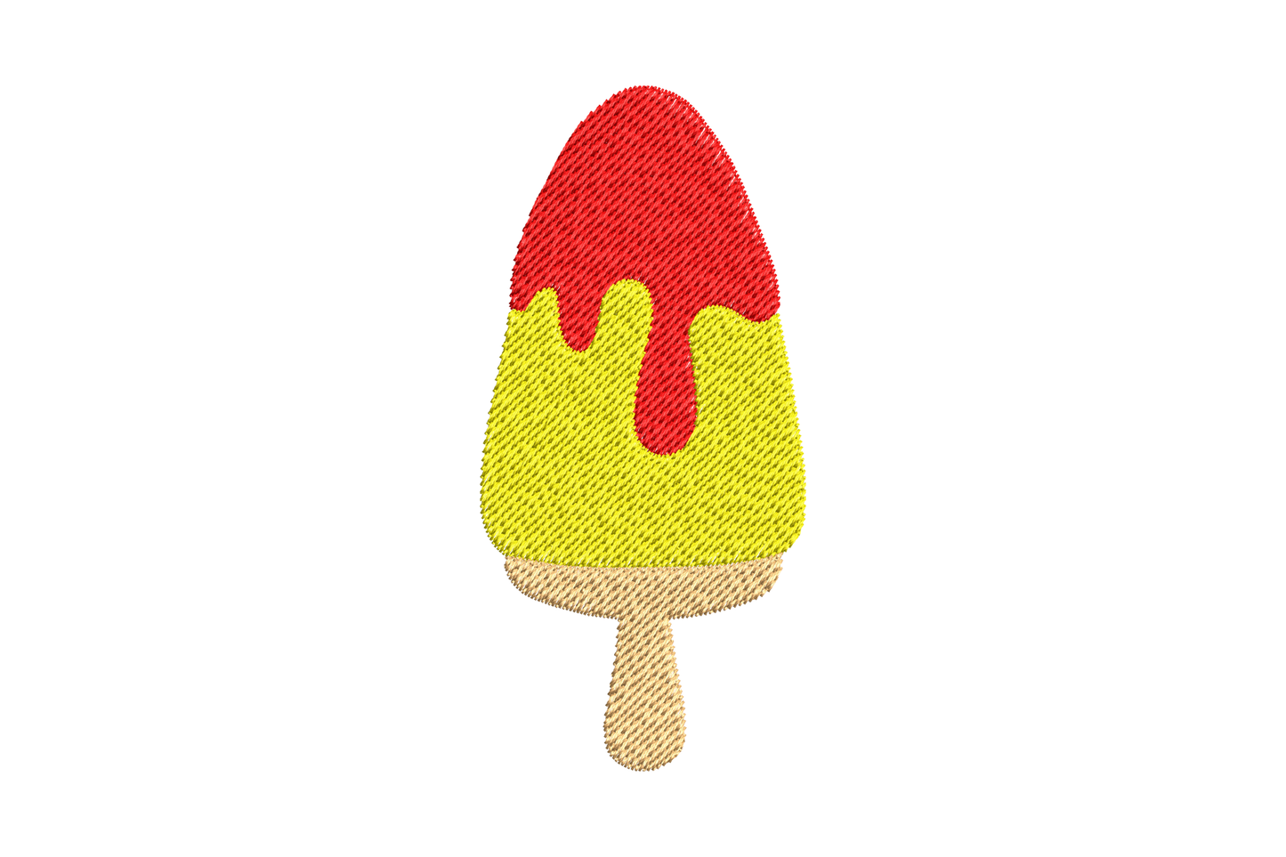 Classic strawberry lemon popsicle embroidery design, yellow lemon body with red sauce drip top on cream wooden stick.
