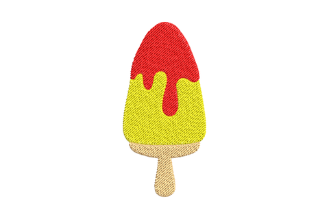 Classic strawberry lemon popsicle embroidery design, yellow lemon body with red sauce drip top on cream wooden stick.