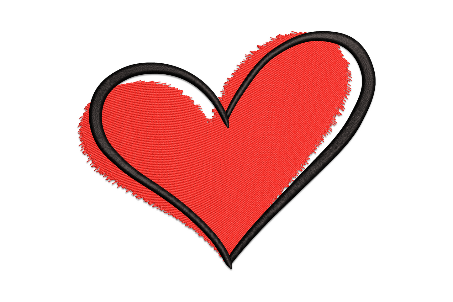 Embroidery design of a filled red heart with thick black satin outline, slightly tilted, on white background