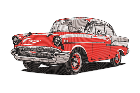 Classic 1950s vintage car embroidery in cherry red with white roof, chrome grille, whitewall tyres and fine hatching detail on the bodywork.
