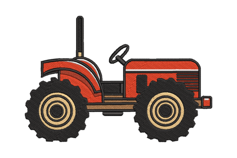 Machine embroidery design of a classic vintage tractor in side profile with terracotta red body and cream concentric ring wheel detail, 6 colors