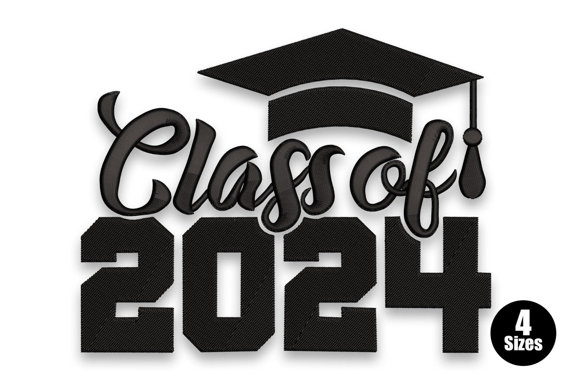 Class of 2024 graduation embroidery with black mortarboard cap, italic script and chunky block numeral fills.