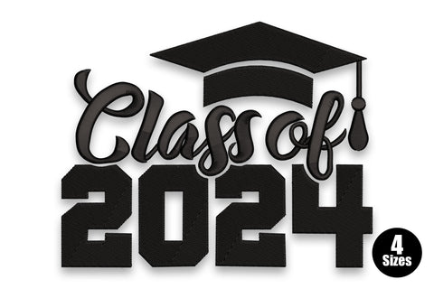 Class of 2024 graduation embroidery with black mortarboard cap, italic script and chunky block numeral fills.