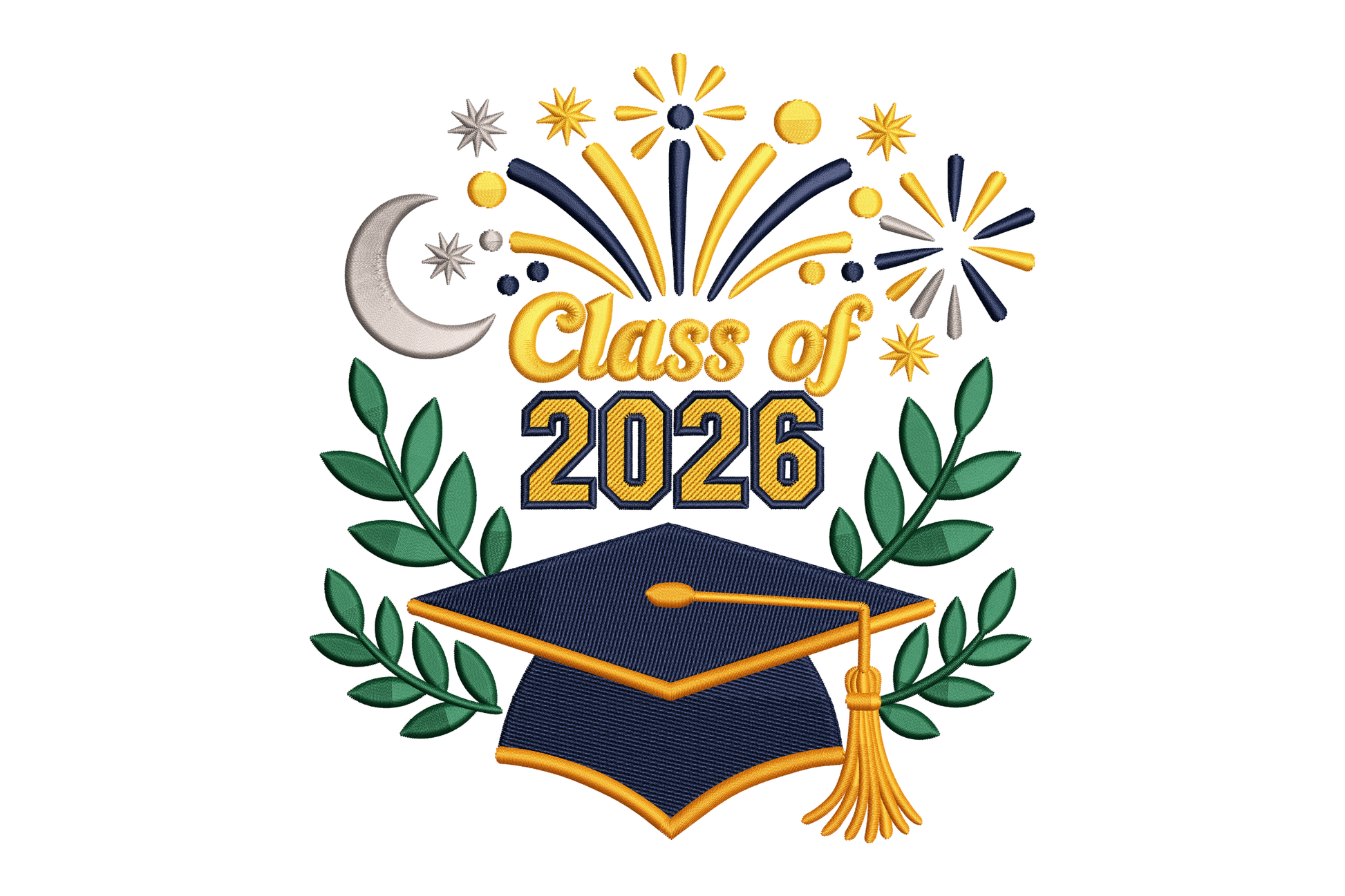 Graduation-themed design with 'Class of 2026' text, mortarboard, and fireworks embroidery design