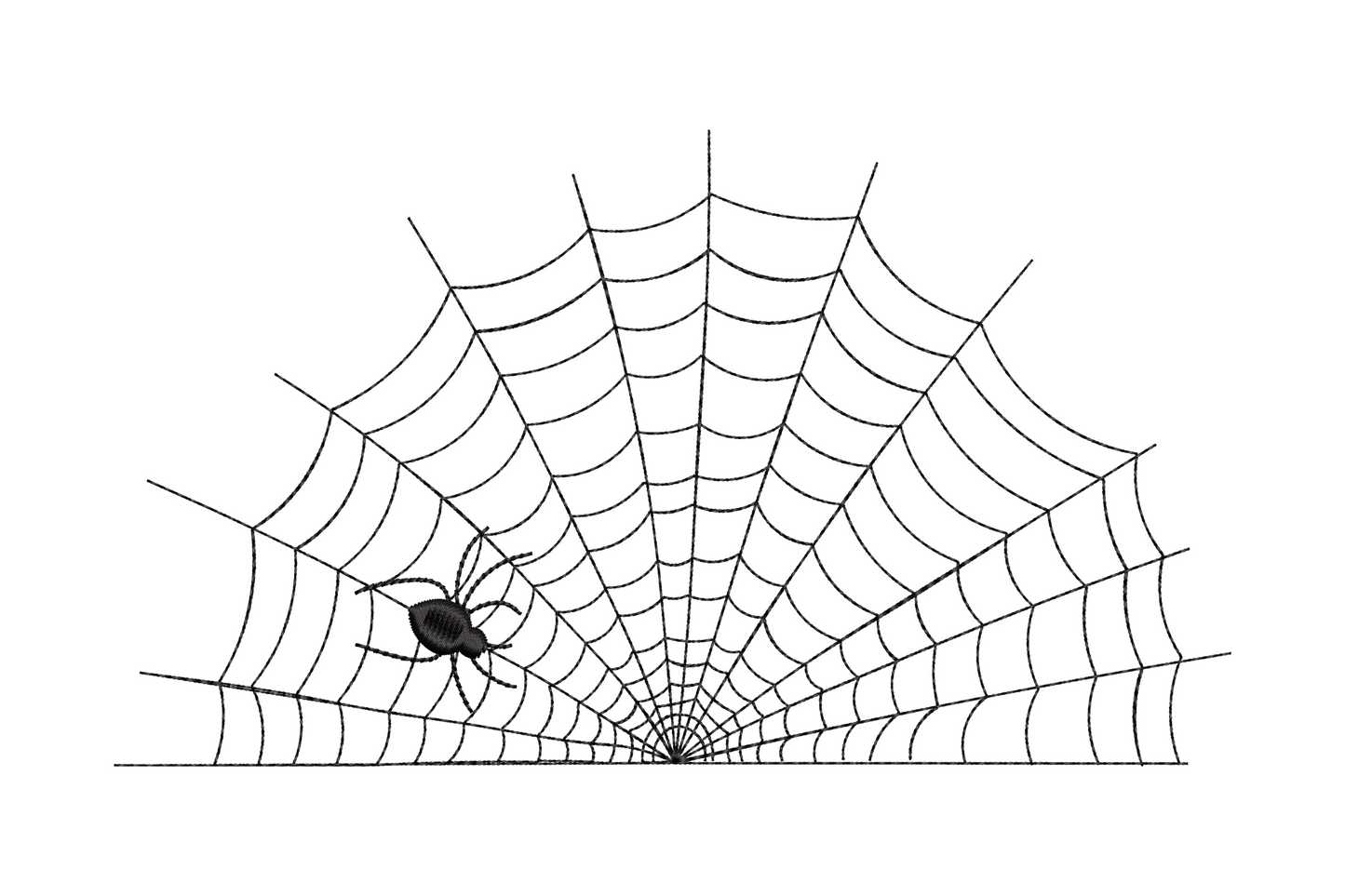 Clean corner spider web embroidery design without spider in black thread, minimalist halloween pattern